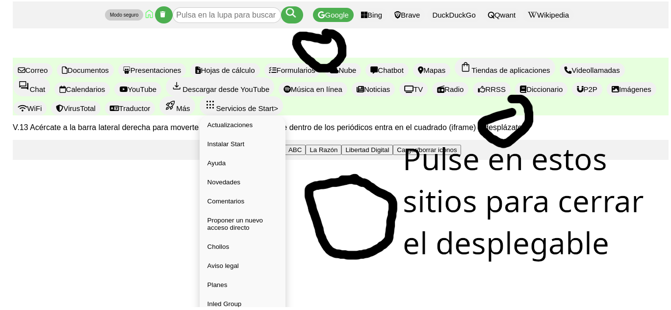 Imágen de ayuda en la que se indica las zonas recomendadas para pulsar con el resultado de cerrar el desplegable